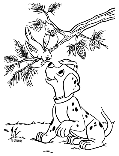 coloriage 101 dalmatiens le chiot et les oiseaux